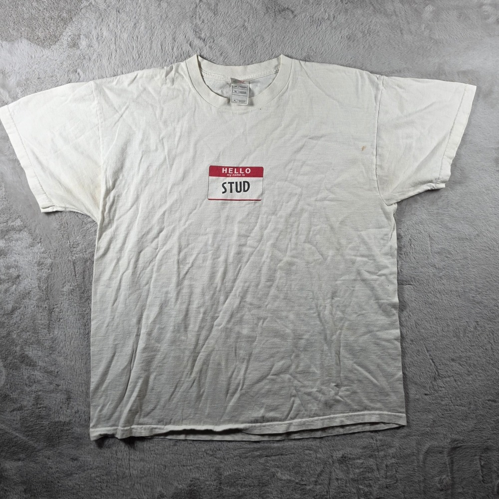 Fruit of the Loom T-Shirt Mens‎ XL White Hello My Name Is Stud Funny Graphic Tee